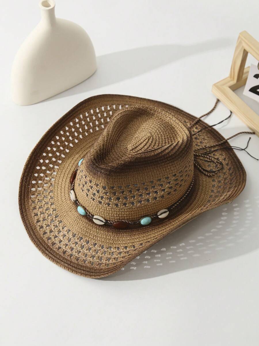 Cowboy Hat Straw - Unisex Straw Cowboy Hat With Beaded